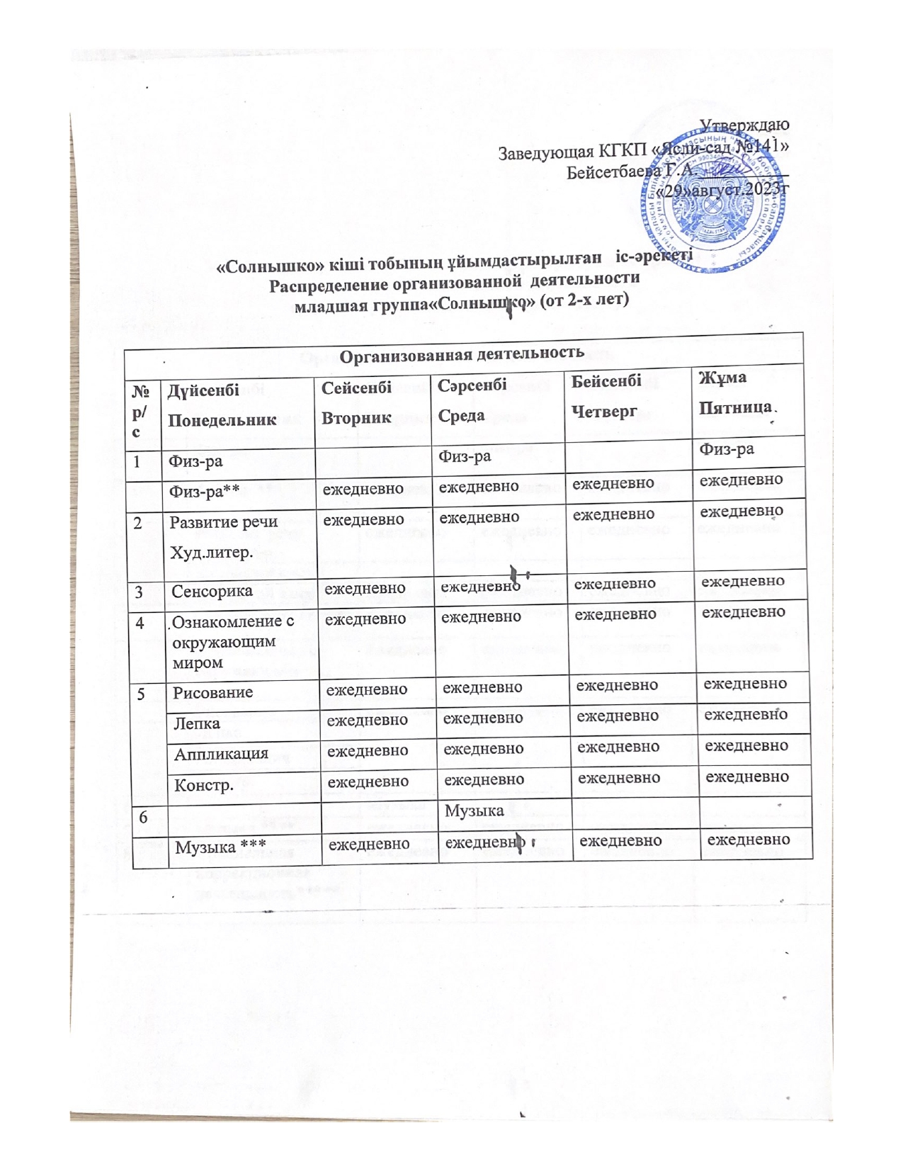 Орыс тобының ұйымдастырылған іс-әрекетінің кестесі мен күн тәртібі