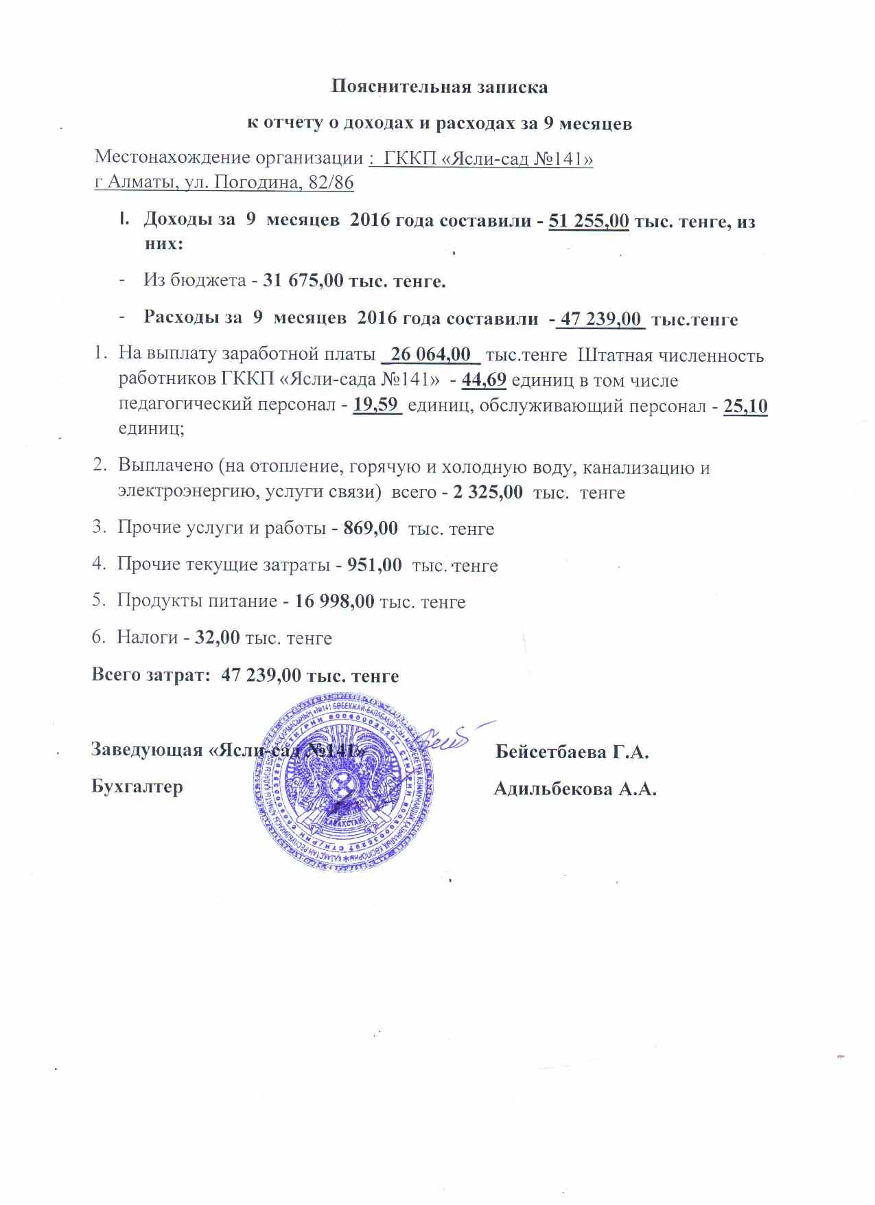 Отчет о доходах и расходах за 9 месяцев 2016 года