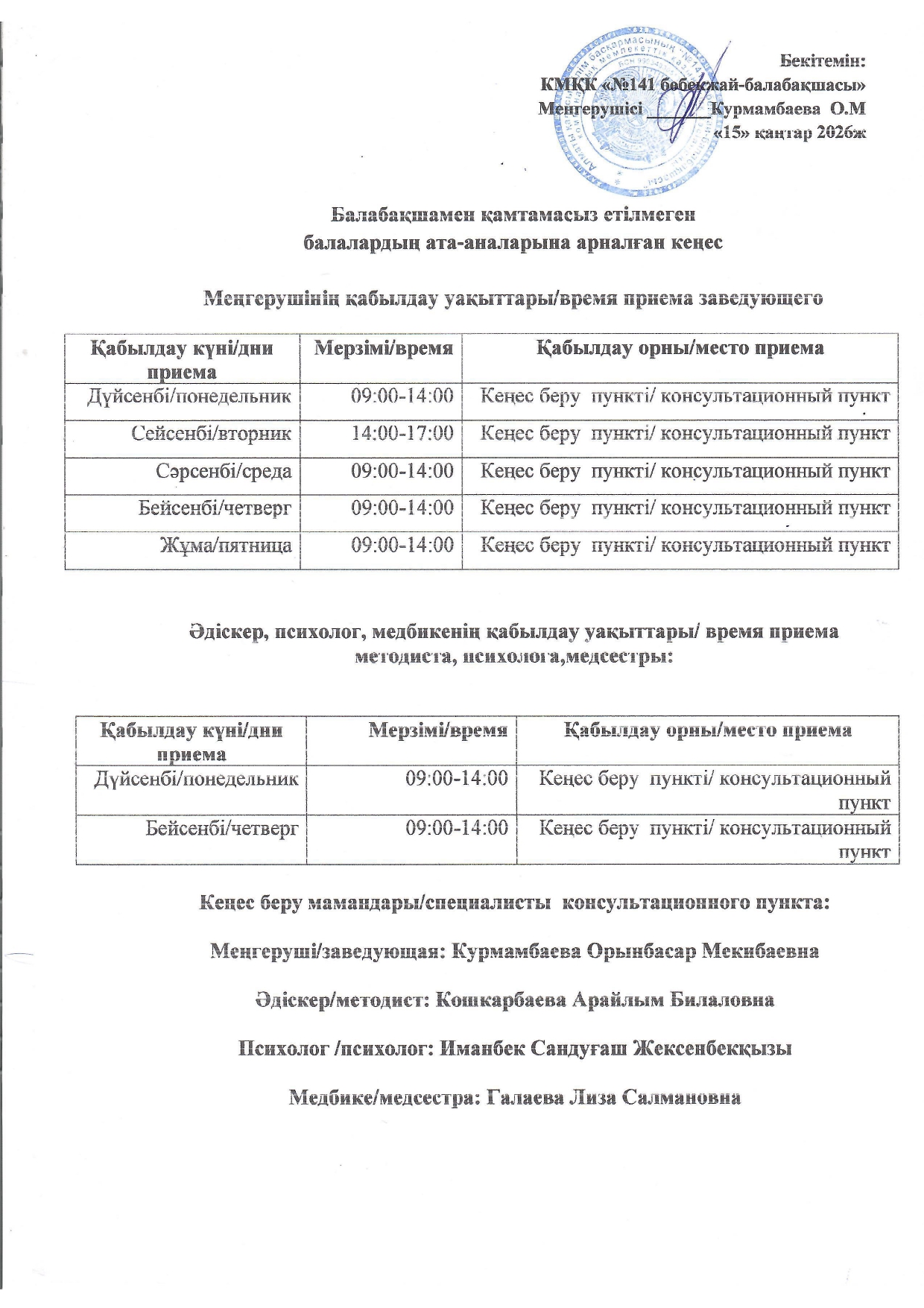 Балабақшамен қамтамасыз етілген балалардың ата-аналарына арналған кеңес кестесі